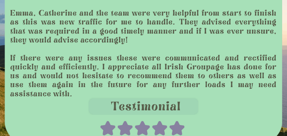 Customer testimonial praising Irish Groupage for reliable UK to Ireland freight service